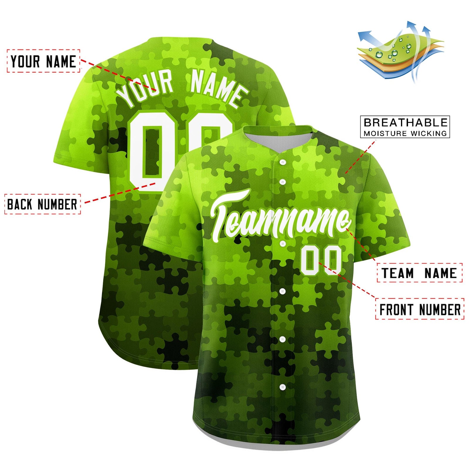 Custom White Neon Green Puzzle Elements Baseball Jersey | Sublimation Printed & Stitched,Add Name and Numbern,Perfect for Teams | KXKSHOP