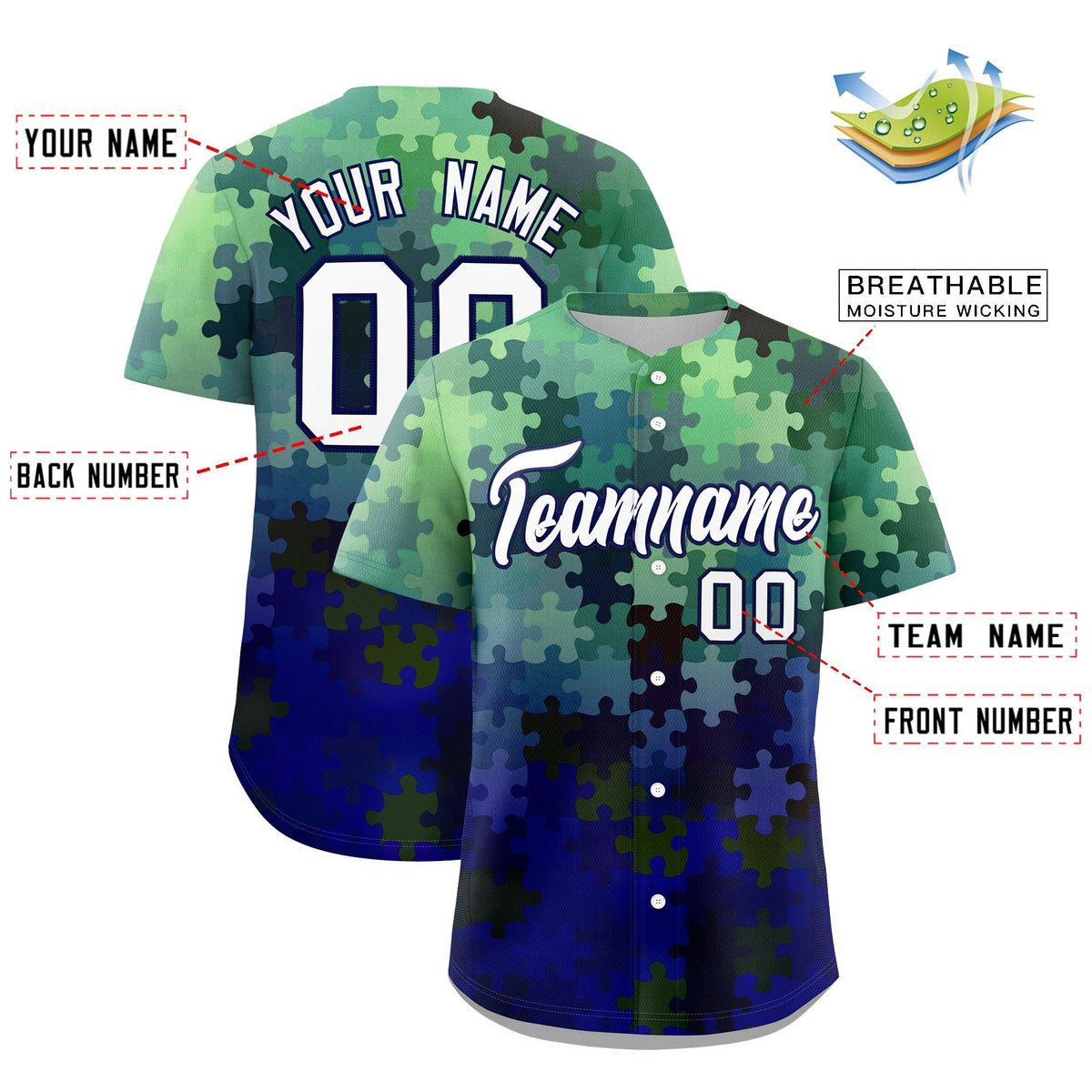 Custom White Dark Blue Puzzle Elements Baseball Jersey | Sublimation Printed &amp; Stitched,Add Name and Numbern,Perfect for Teams | KXKSHOP