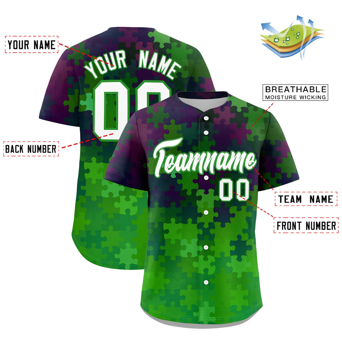 Custom White Light Green Puzzle Elements Baseball Jersey | Sublimation Printed &amp; Stitched,Add Name and Numbern,Perfect for Teams | KXKSHOP