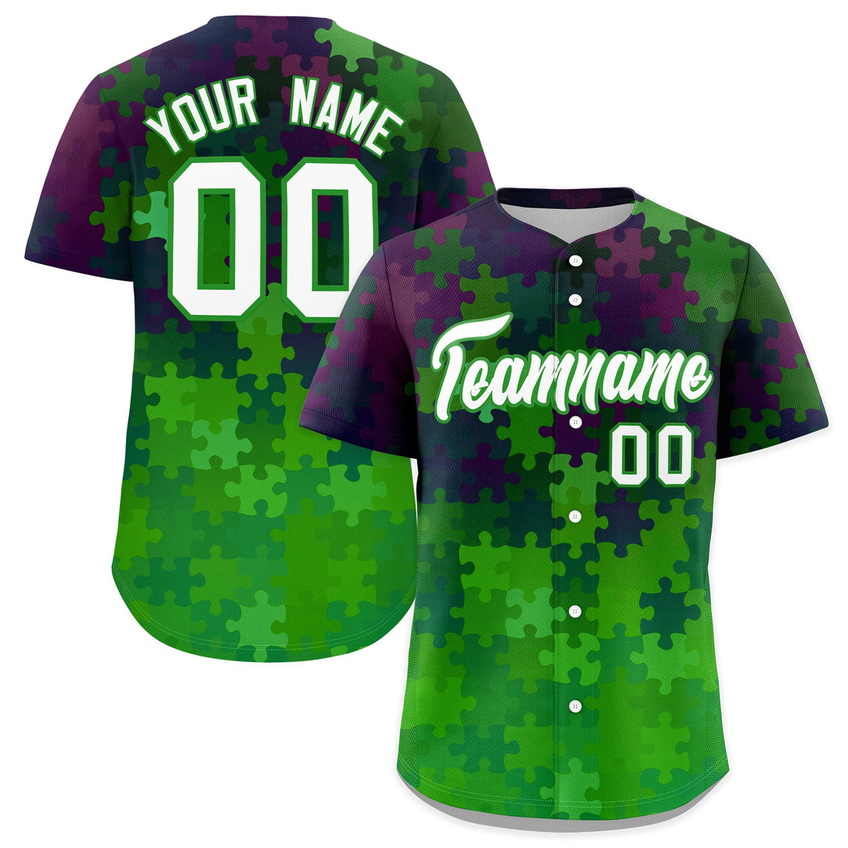 Custom White Light Green Puzzle Elements Baseball Jersey | Sublimation Printed &amp; Stitched,Add Name and Numbern,Perfect for Teams | KXKSHOP