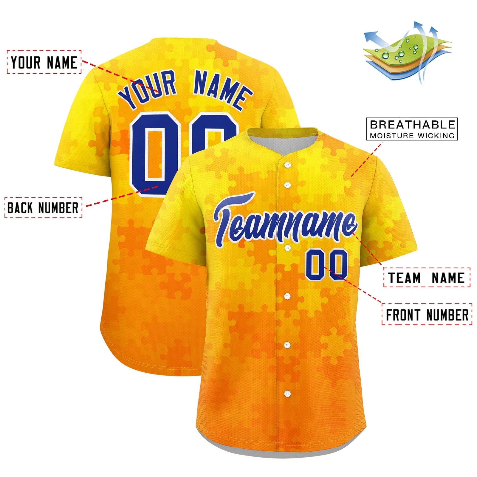 Custom Yellow Royal Blue White Puzzle Elements Baseball Jersey | Sublimation Printed & Stitched,Add Name and Numbern,Perfect for Teams | KXKSHOP