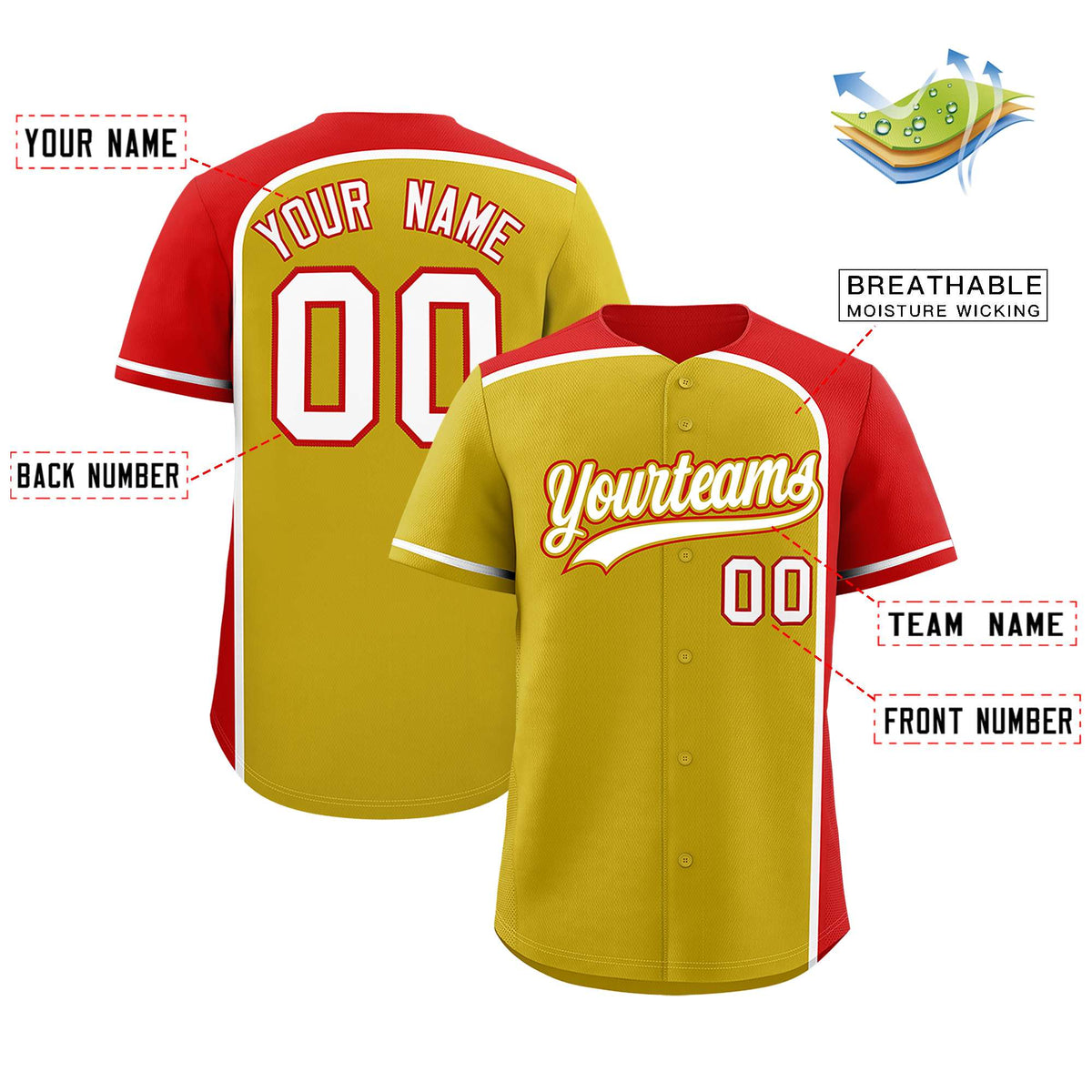 Custom Old Gold Red Personalized Color Block Authentic Baseball jersey