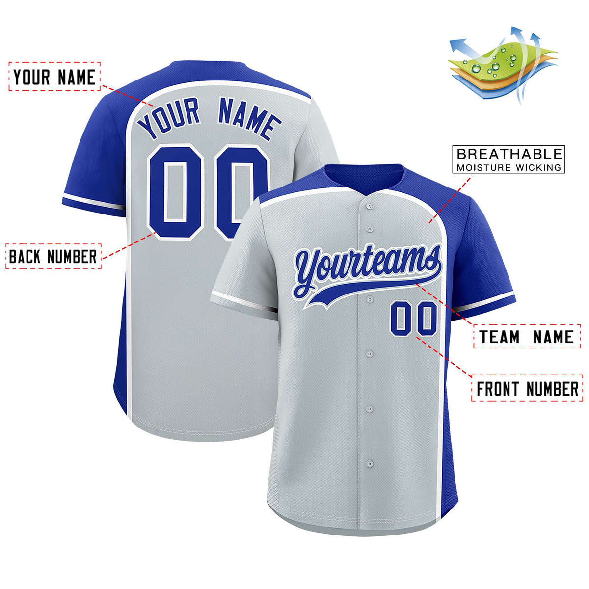 Custom Silver Royal Personalized Color Block Authentic Baseball jersey