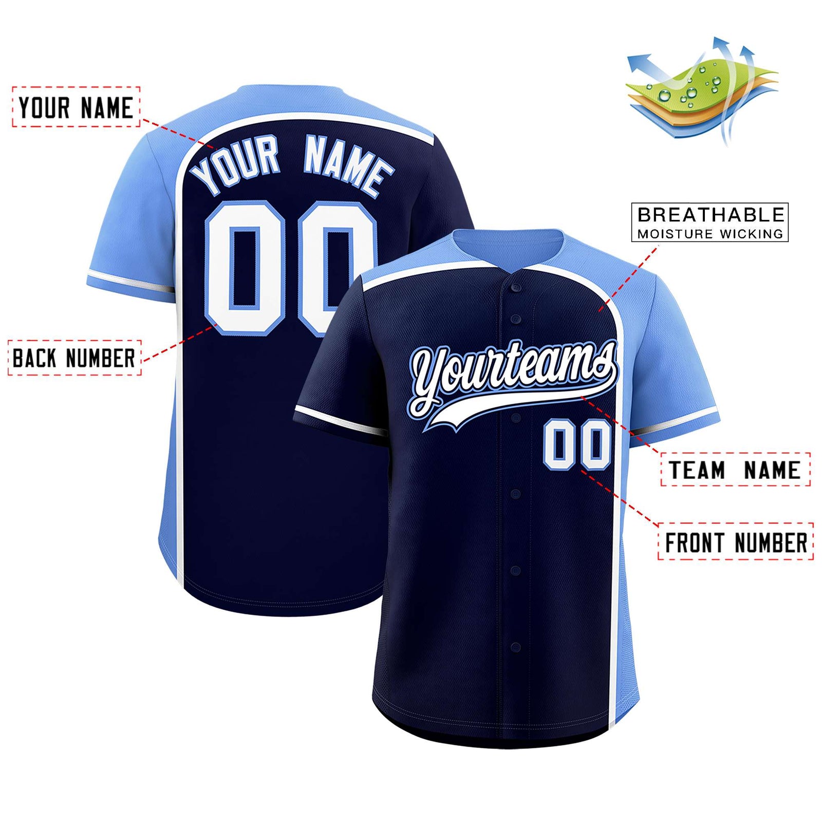 Custom Navy Light Blue Personalized Color Block Authentic Baseball jersey