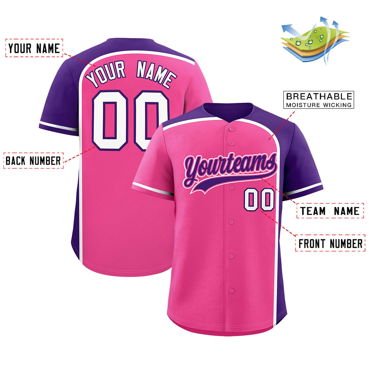 Custom Pink Purple Personalized Color Block Authentic Baseball jersey