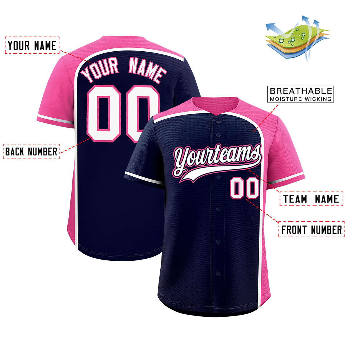 Custom Navy Pink Personalized Color Block Authentic Baseball jersey