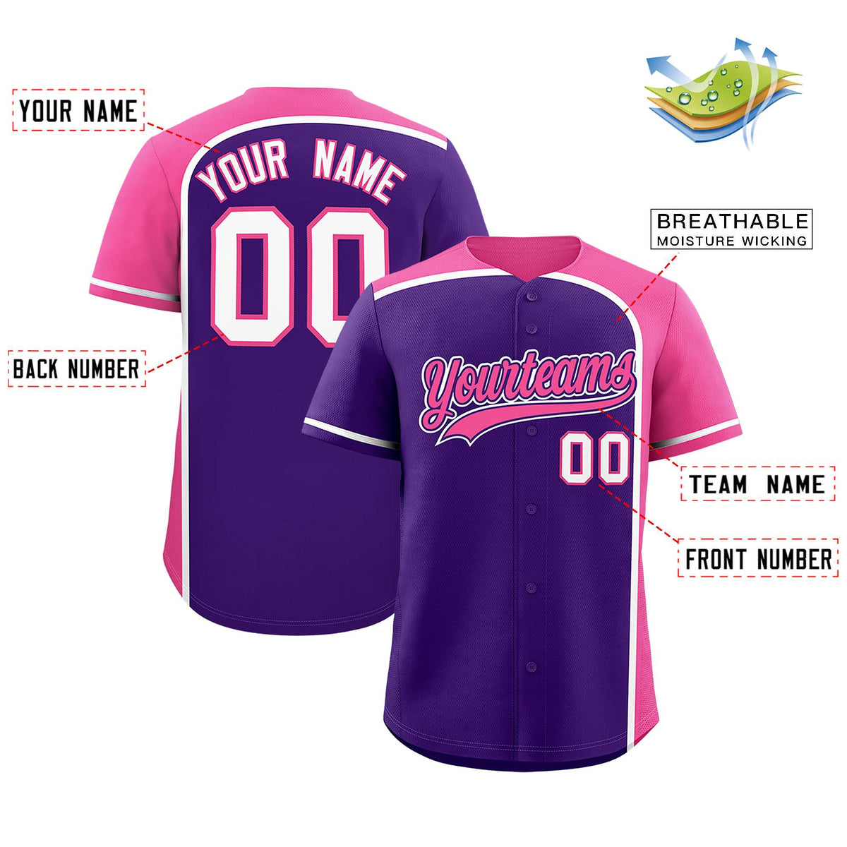 Custom Purple Pink Personalized Color Block Authentic Baseball jersey