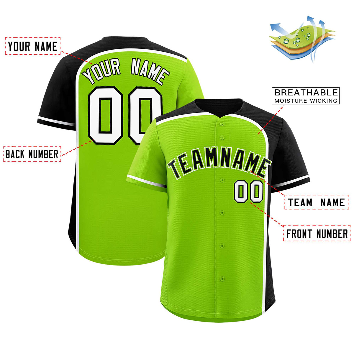 Custom Neon Green Black Personalized Color Block Authentic Baseball jersey