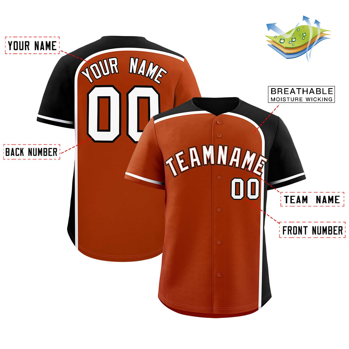 Custom Texas Orange Black Personalized Color Block Authentic Baseball jersey