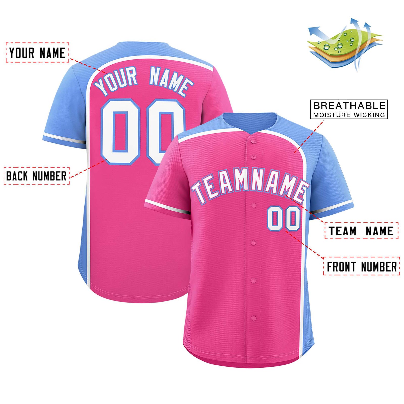 Custom Pink Light Blue Personalized Color Block Authentic Baseball jersey