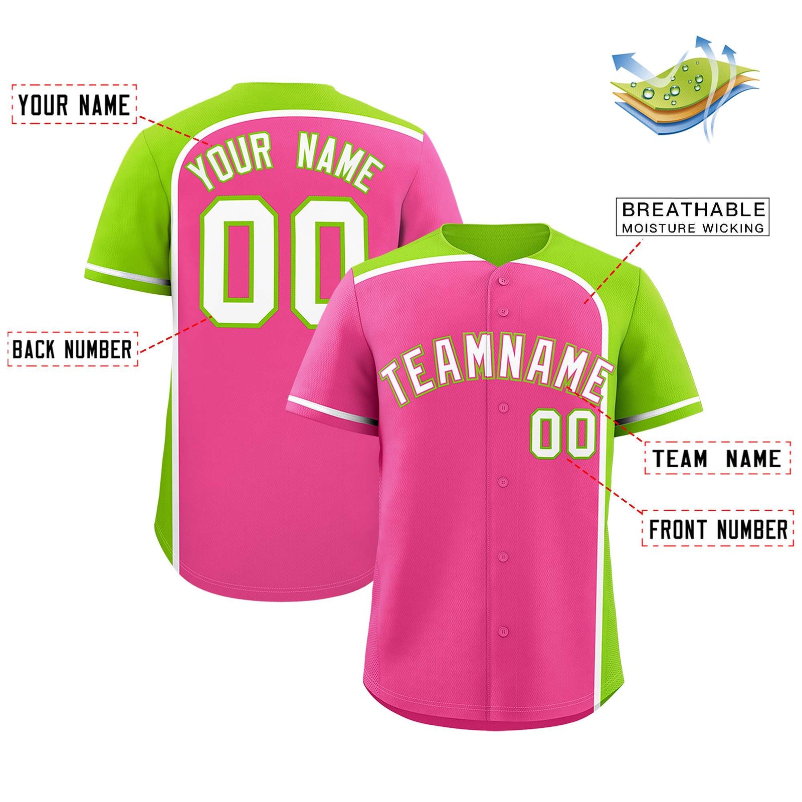 Custom Pink Neon Green Personalized Color Block Authentic Baseball jersey