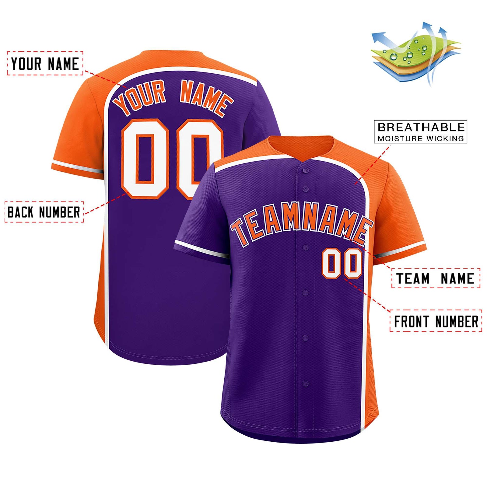Custom Purple Orange Personalized Color Block Authentic Baseball jersey