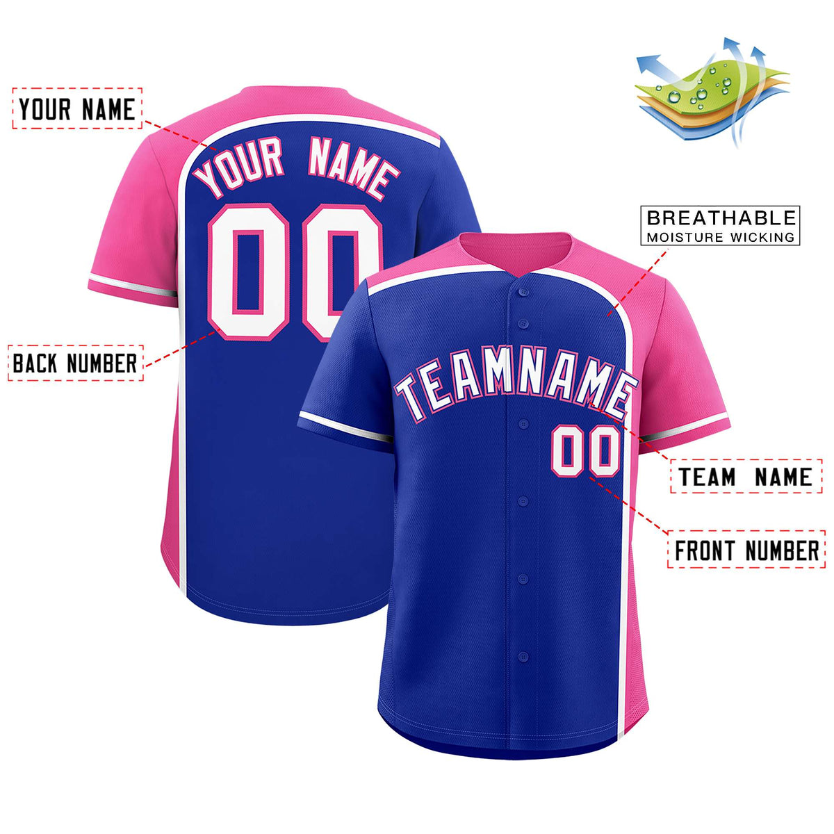 Custom Royal Pink Personalized Color Block Authentic Baseball jersey