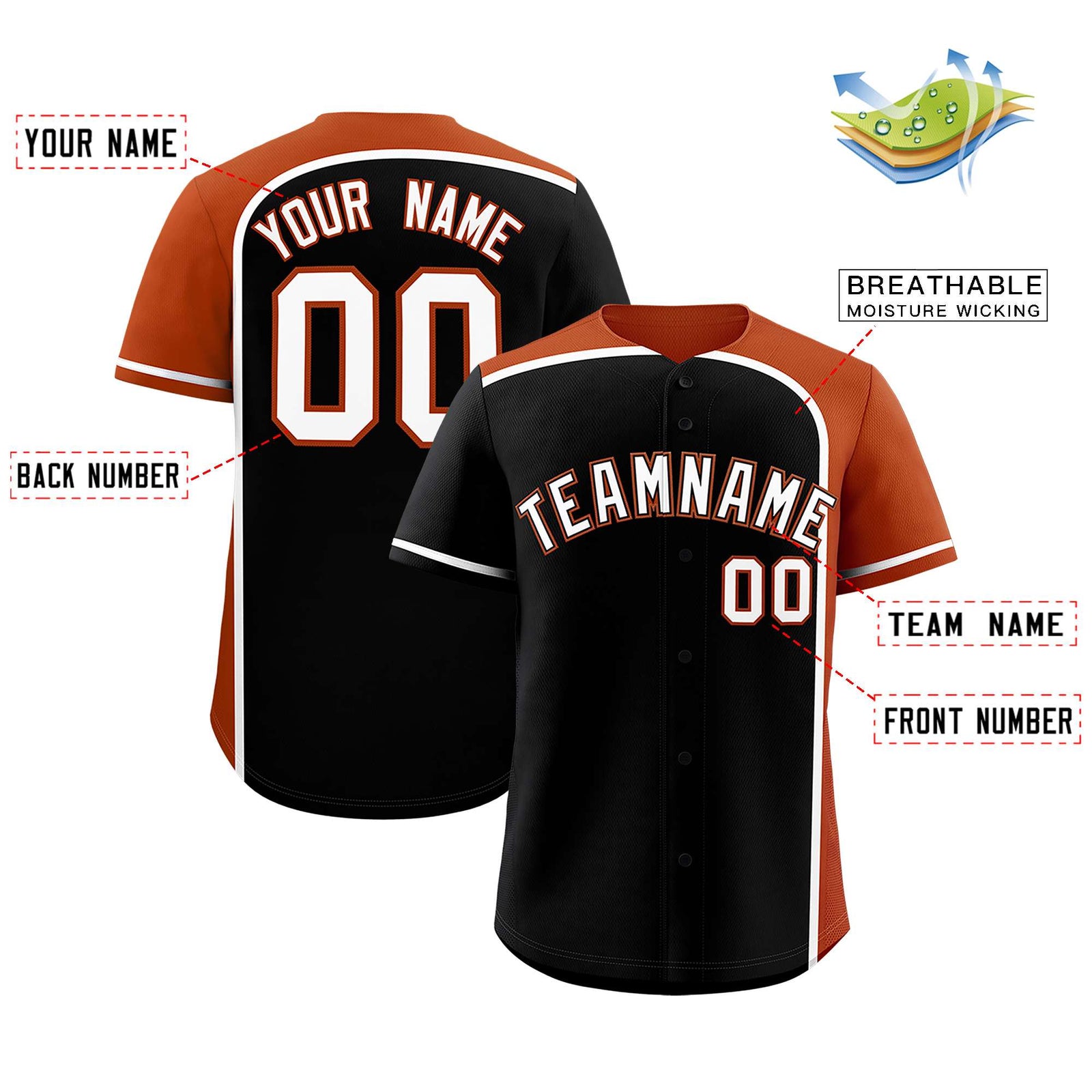 Custom Black Texas Orange Personalized Color Block Authentic Baseball jersey