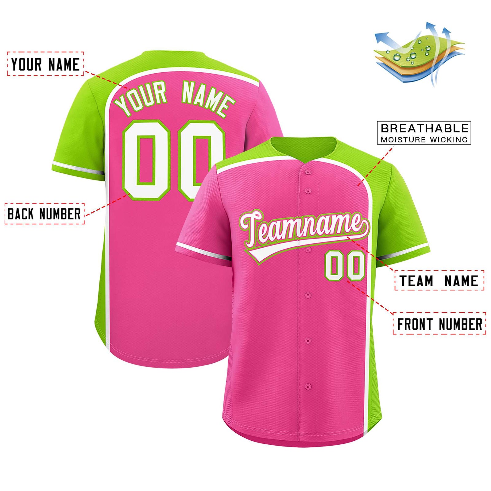 Custom Pink Neon Green Personalized Color Block Authentic Baseball jersey