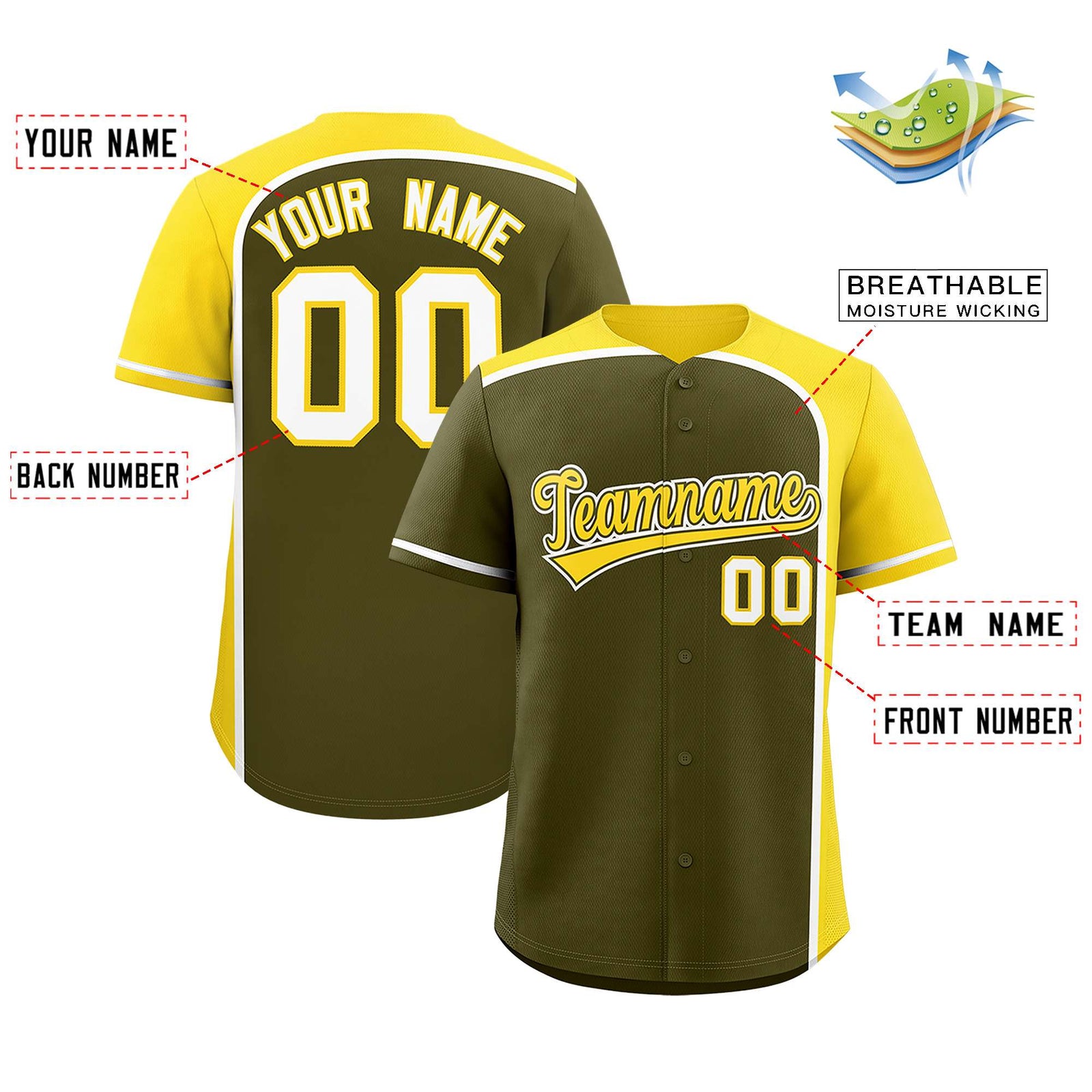 Custom Olive Gold Personalized Color Block Authentic Baseball jersey