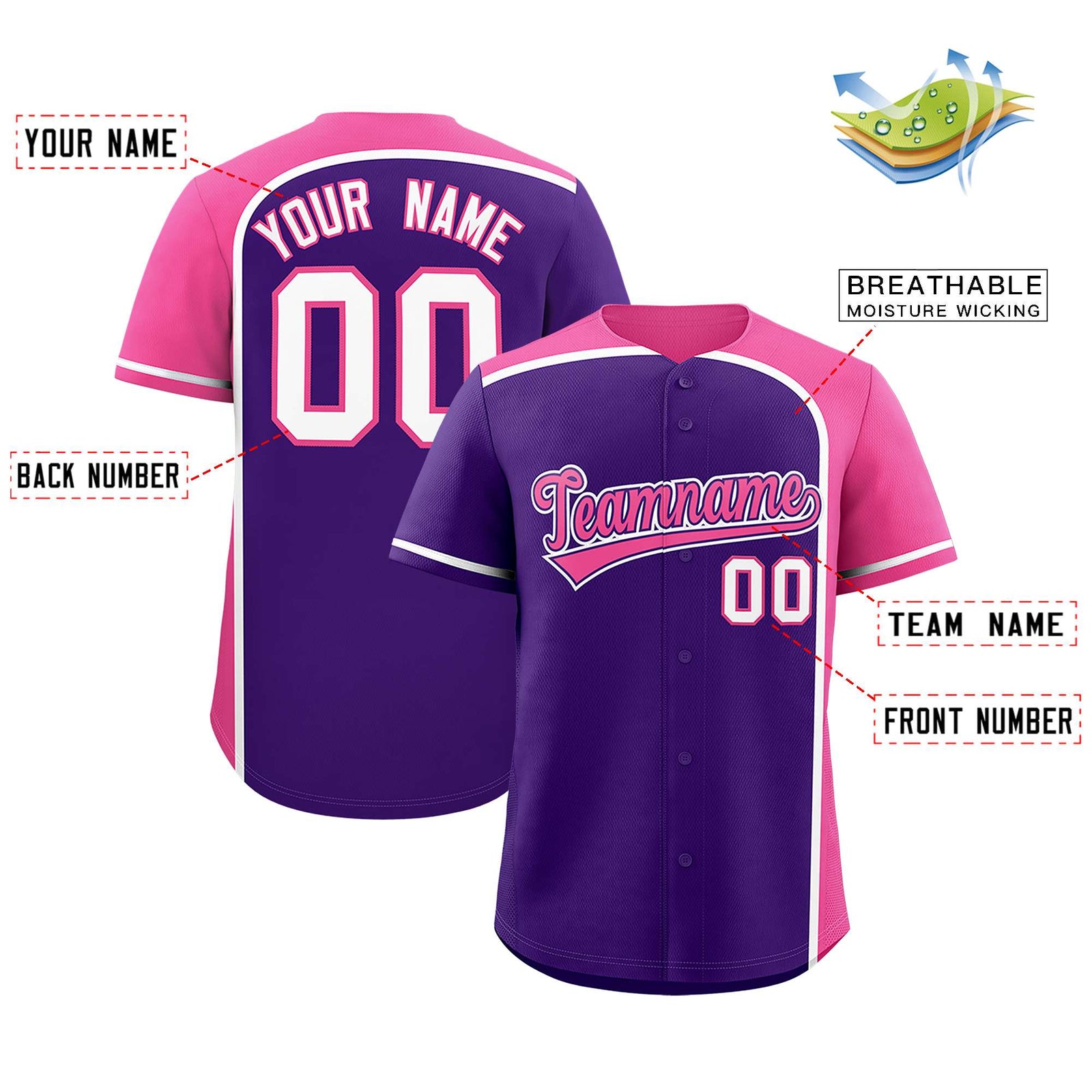 Custom Purple Pink Personalized Color Block Authentic Baseball jersey