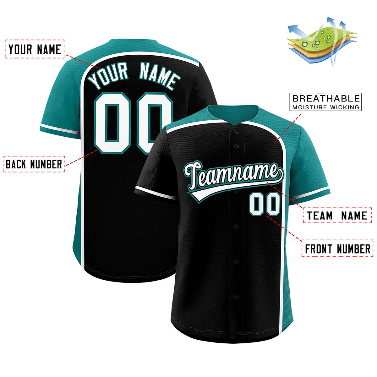Custom Black Aqua Personalized Color Block Authentic Baseball jersey