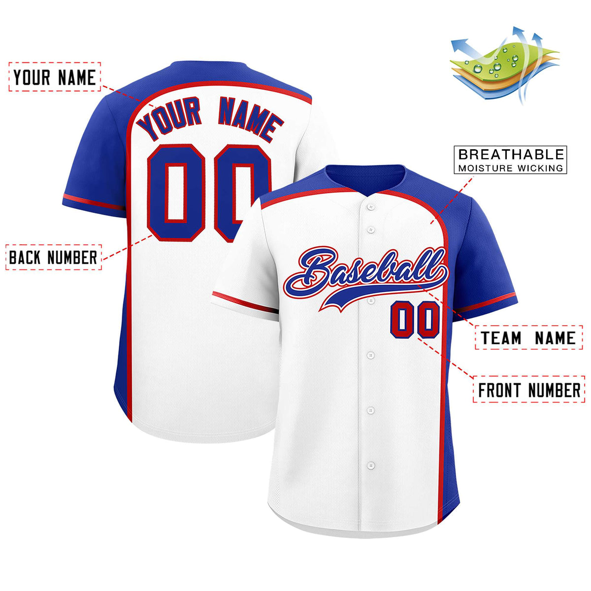Custom White Royal Personalized Color Block Authentic Baseball jersey