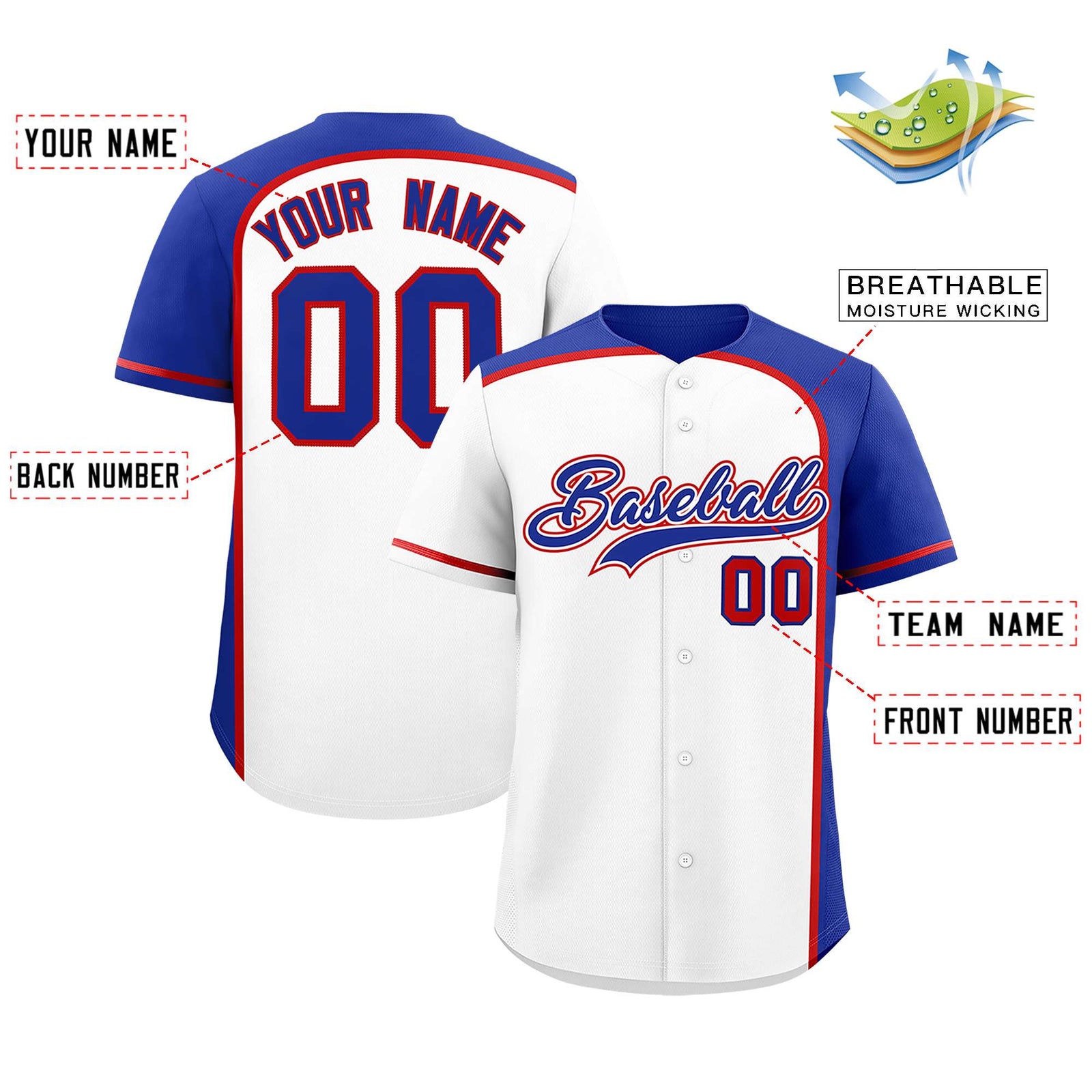 Custom White Royal Personalized Color Block Authentic Baseball jersey