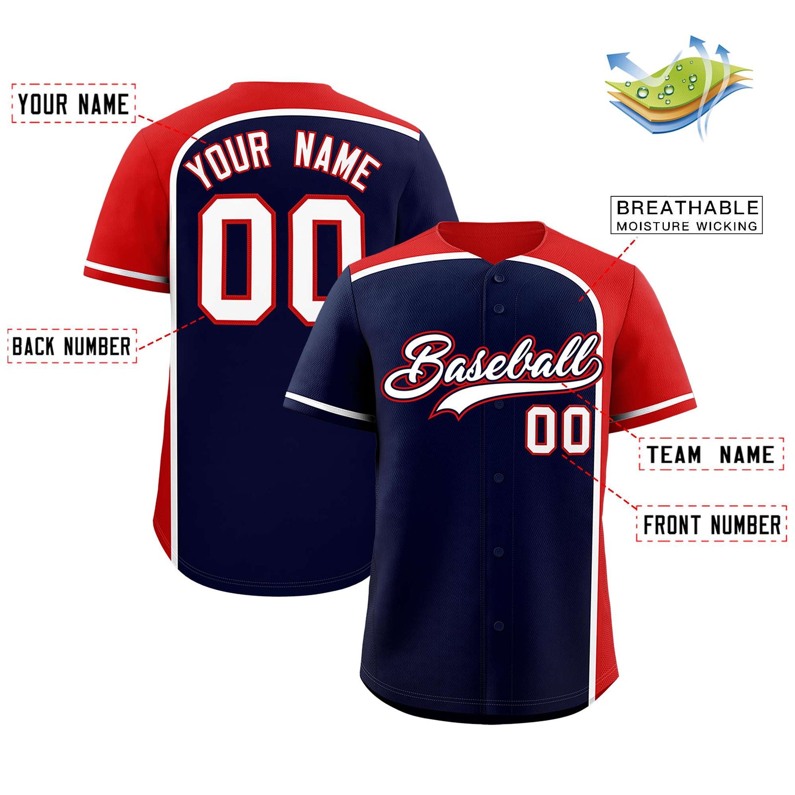 Custom Navy Red Personalized Color Block Authentic Baseball jersey