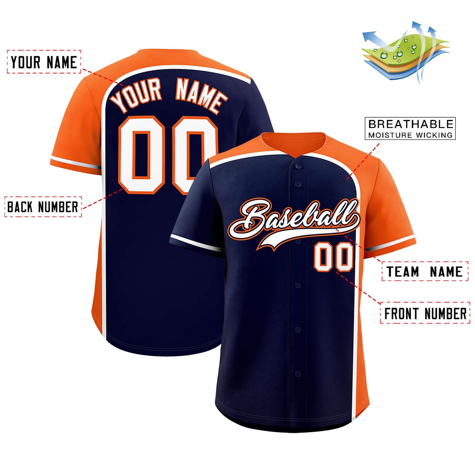 Custom Navy Orange Personalized Color Block Authentic Baseball jersey