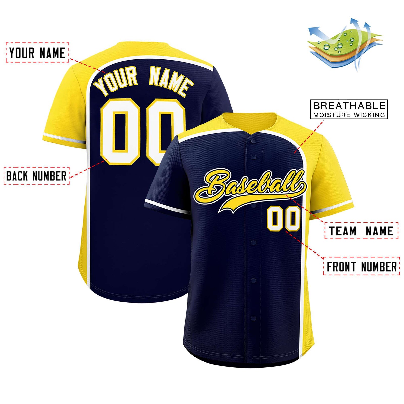 Custom Navy Gold Personalized Color Block Authentic Baseball jersey