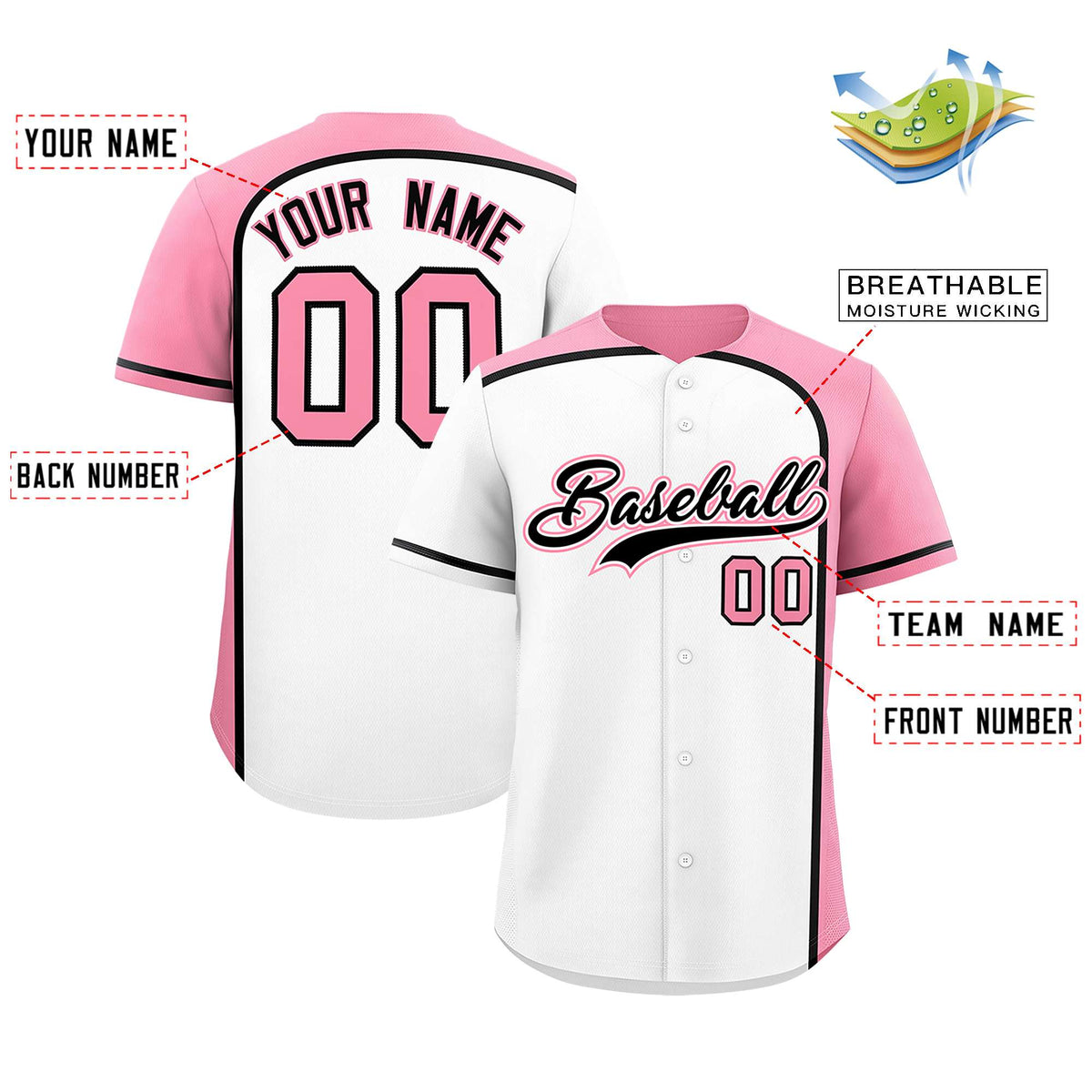 Custom White Light Pink Personalized Color Block Authentic Baseball jersey