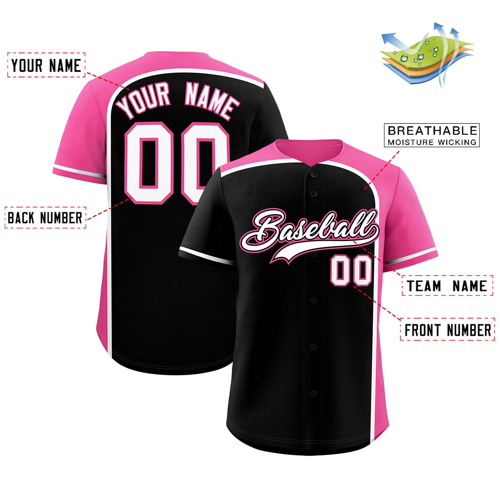 Custom Black Pink Personalized Color Block Authentic Baseball jersey