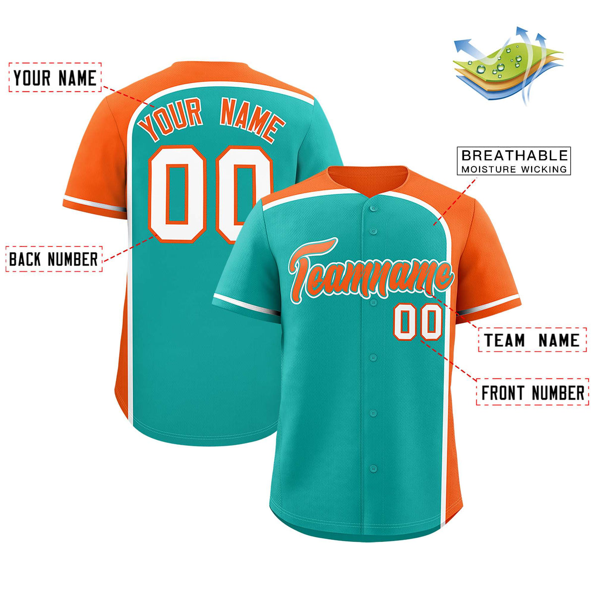 Custom Aqua Orange Personalized Color Block Authentic Baseball jersey