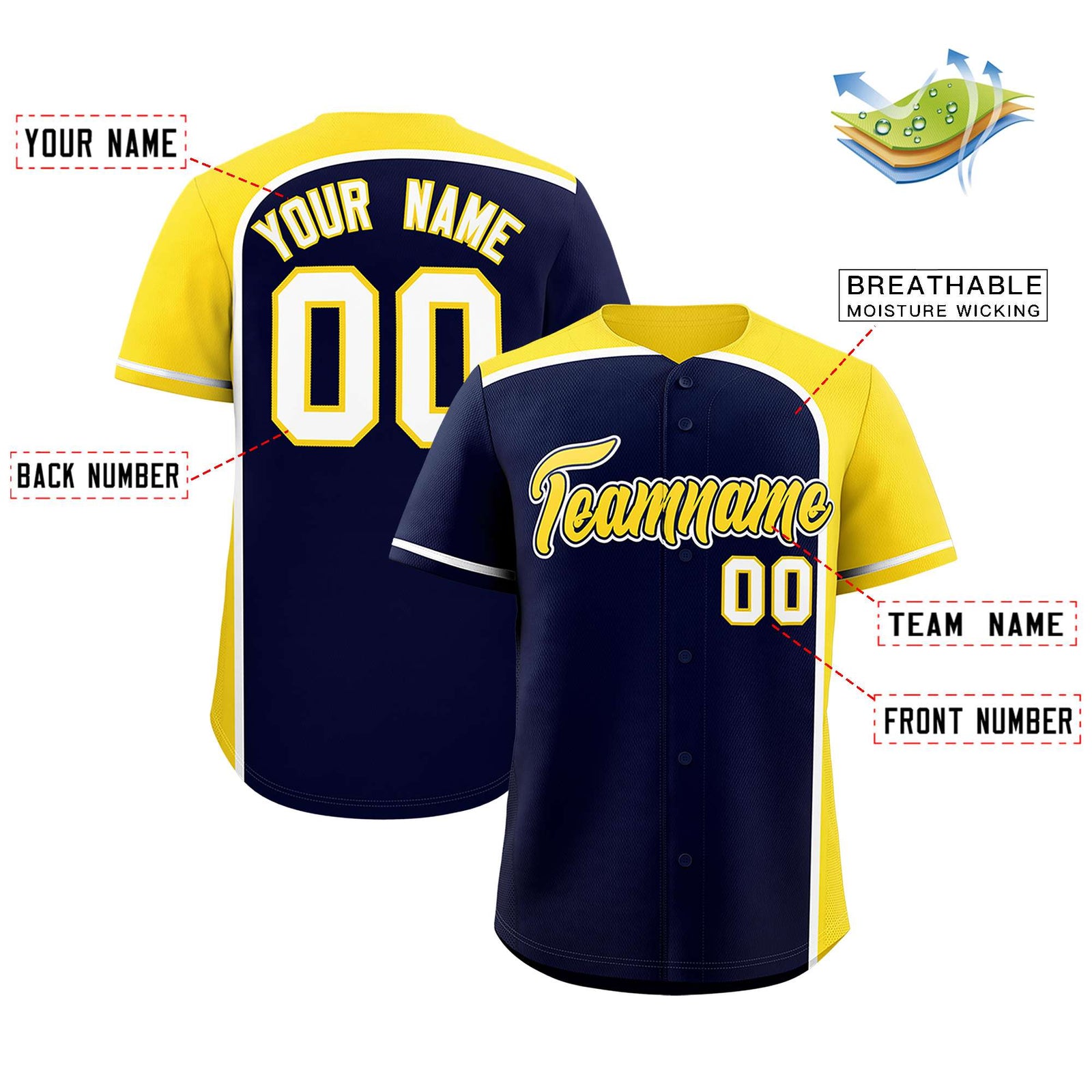 Custom Navy Gold Personalized Color Block Authentic Baseball jersey
