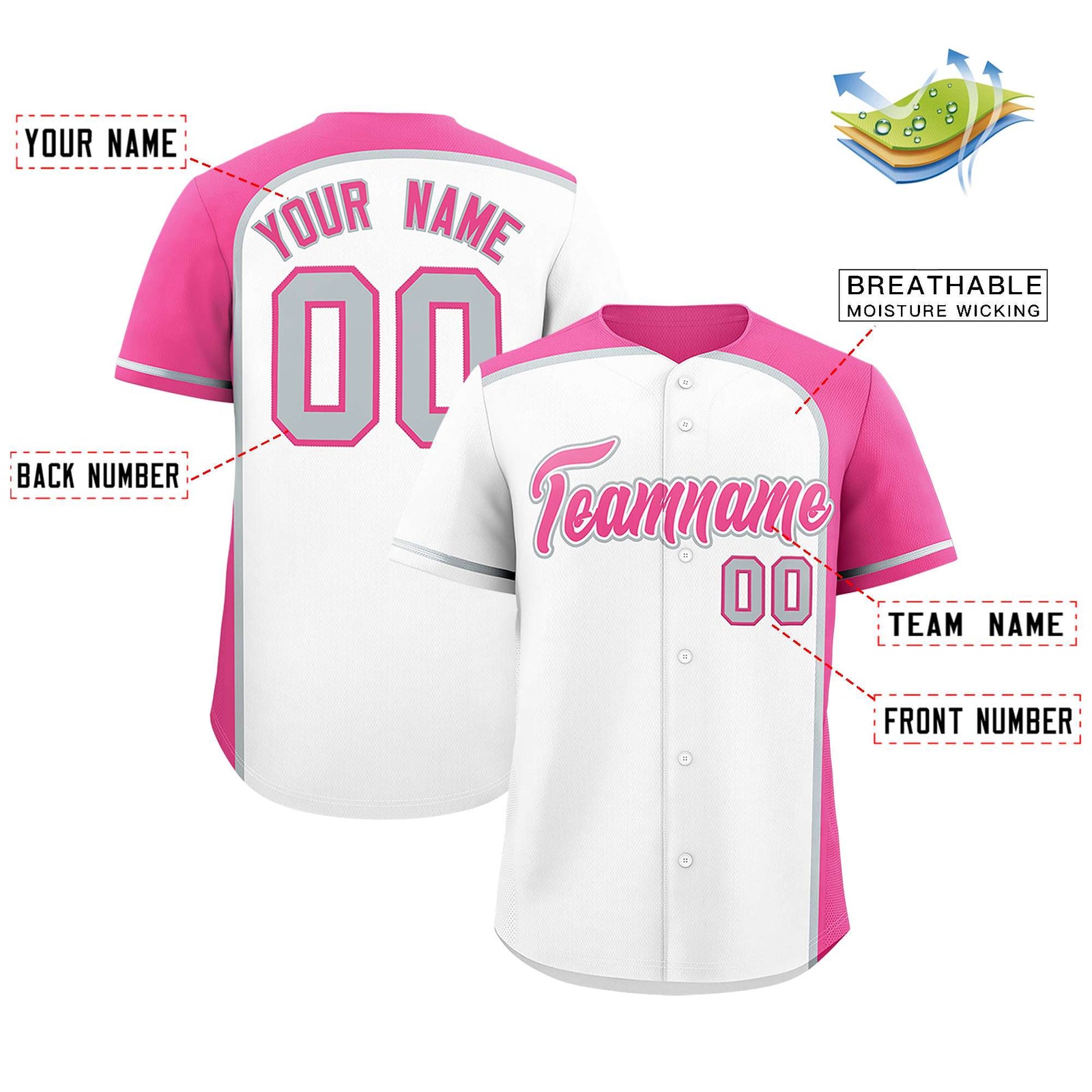 Custom White Pink Personalized Color Block Authentic Baseball jersey