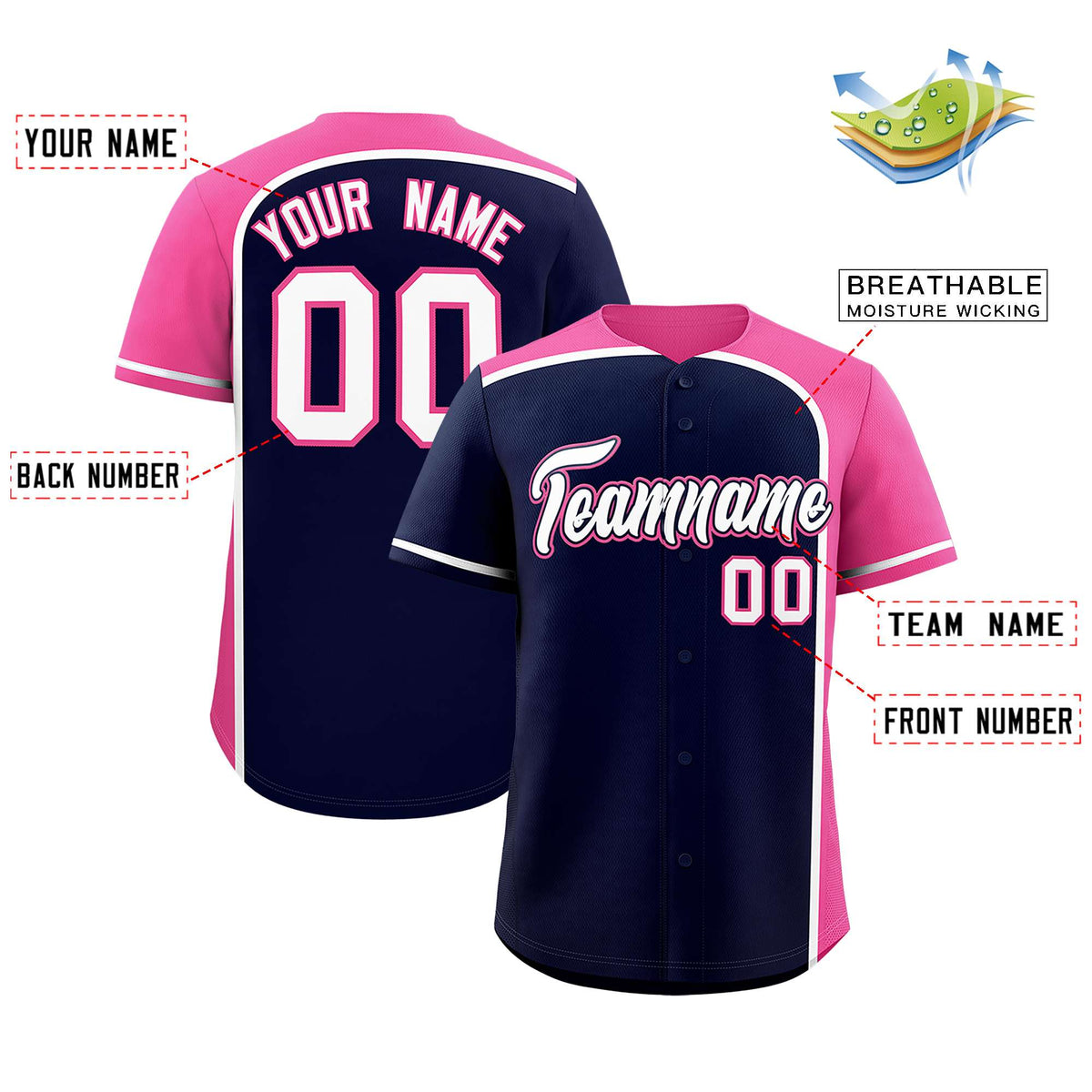 Custom Navy Pink Personalized Color Block Authentic Baseball jersey