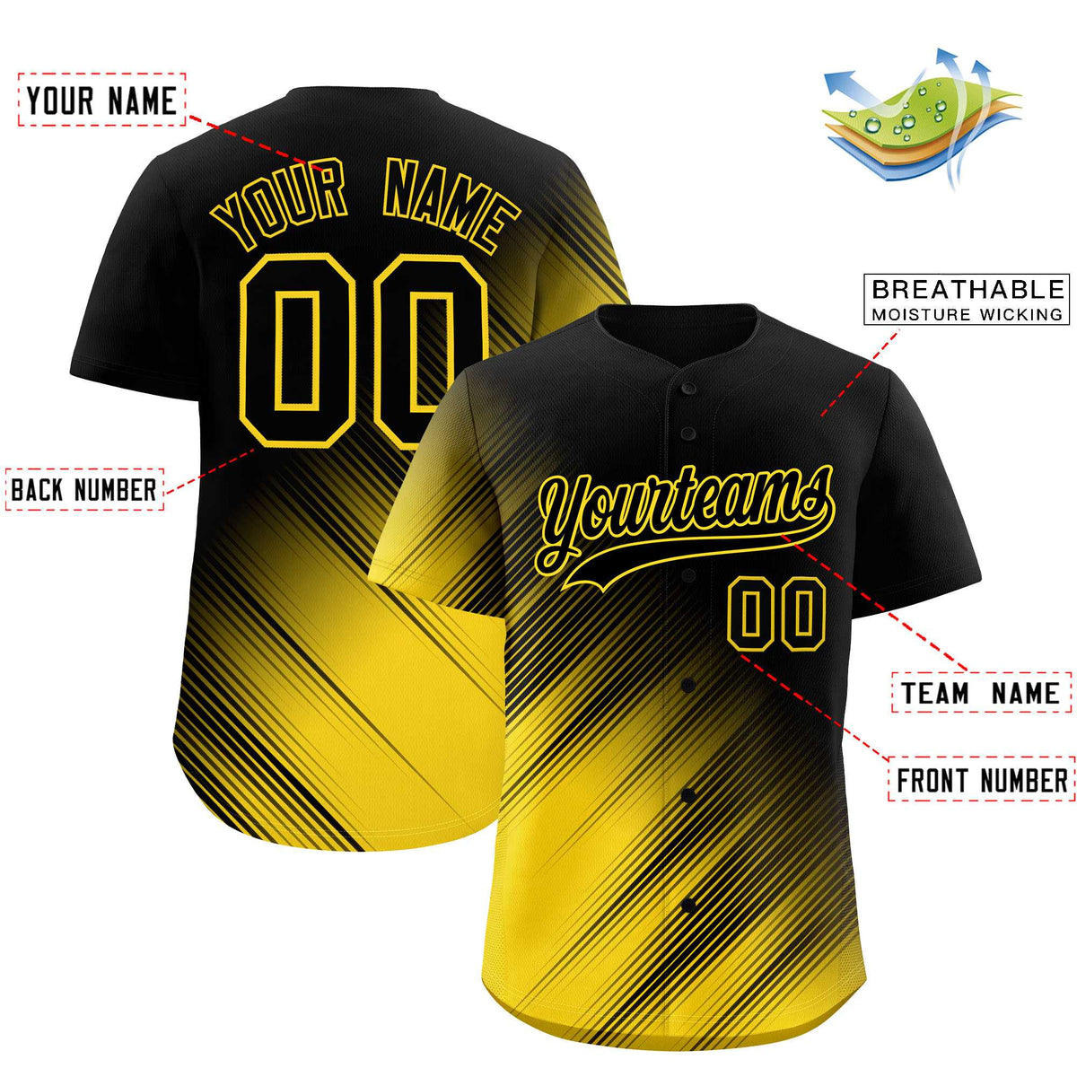 Custom Black Gold Diagonal Stripe Personalized Gradient Fashion Baseball Jersey