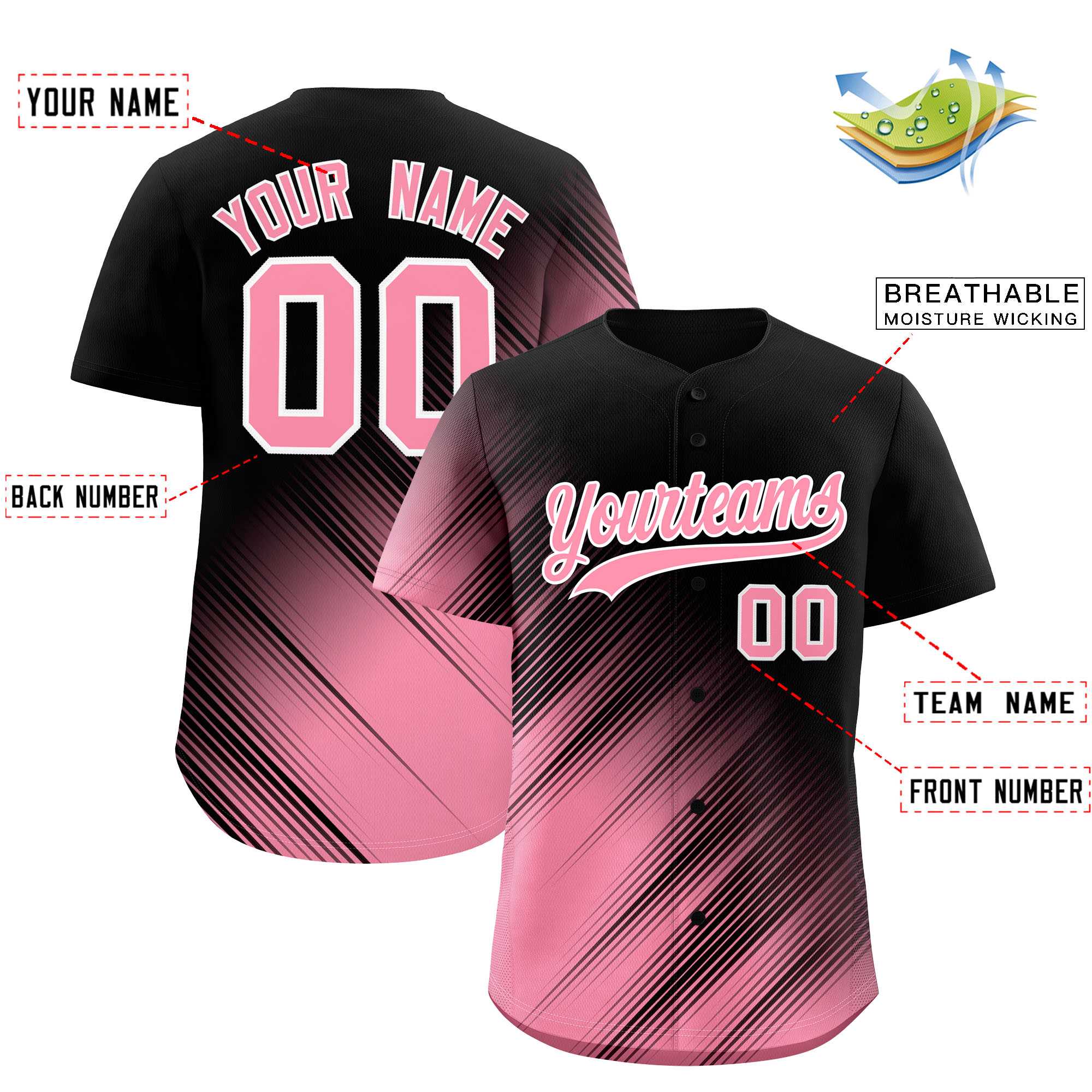 Custom Black Light Pink Diagonal Stripe Personalized Gradient Fashion Baseball Jersey