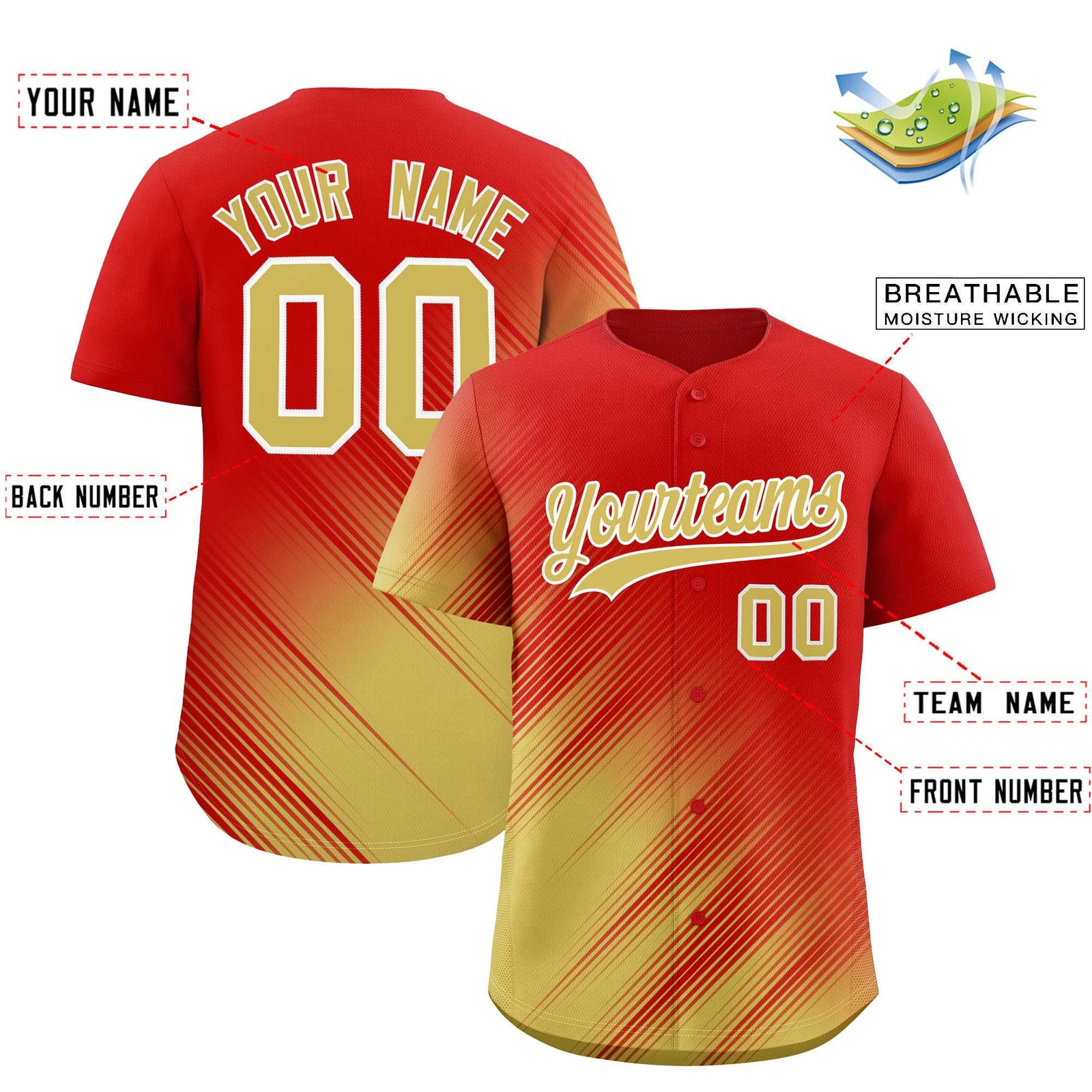 Custom Red Old Gold Diagonal Stripe Personalized Gradient Fashion Baseball Jersey