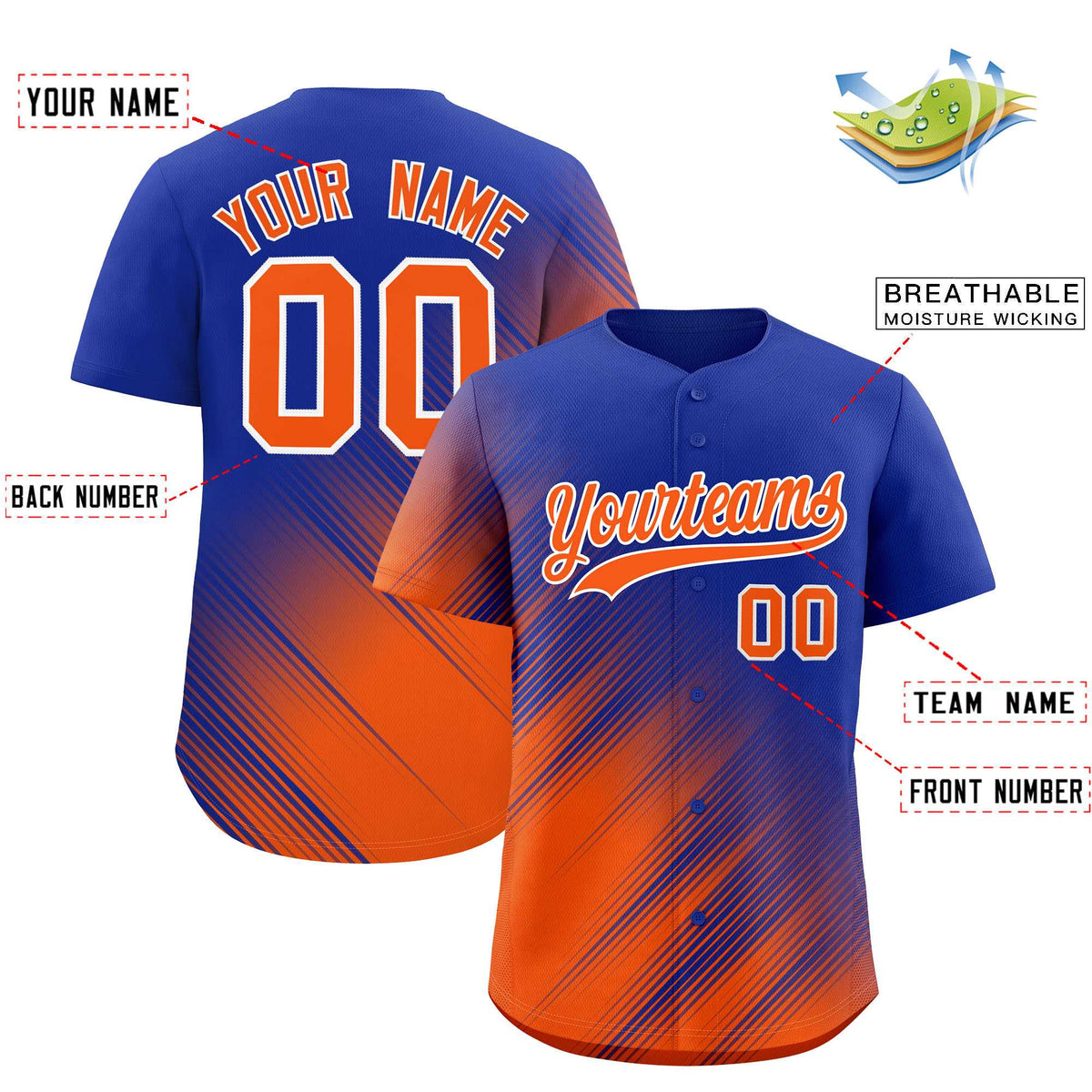 Custom Royal Orange Diagonal Stripe Personalized Gradient Fashion Baseball Jersey