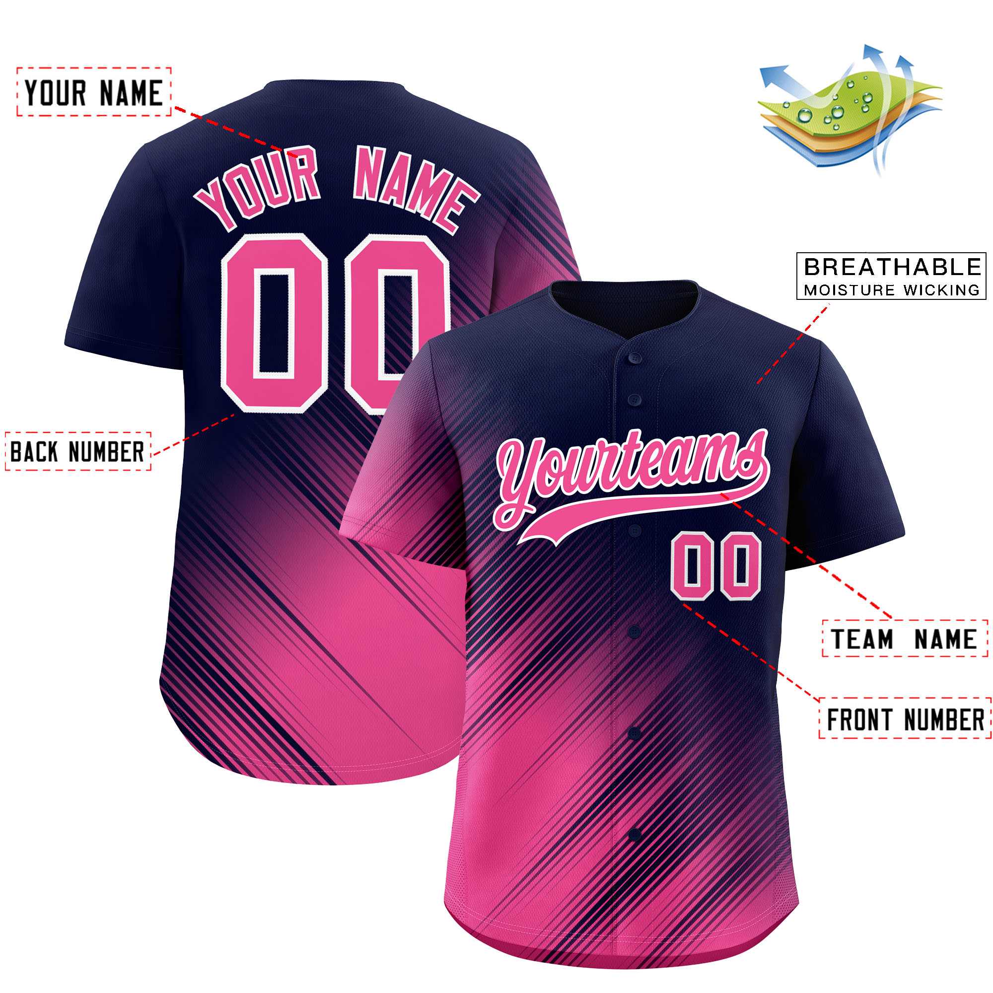 Custom Navy Pink Diagonal Stripe Personalized Gradient Fashion Baseball Jersey
