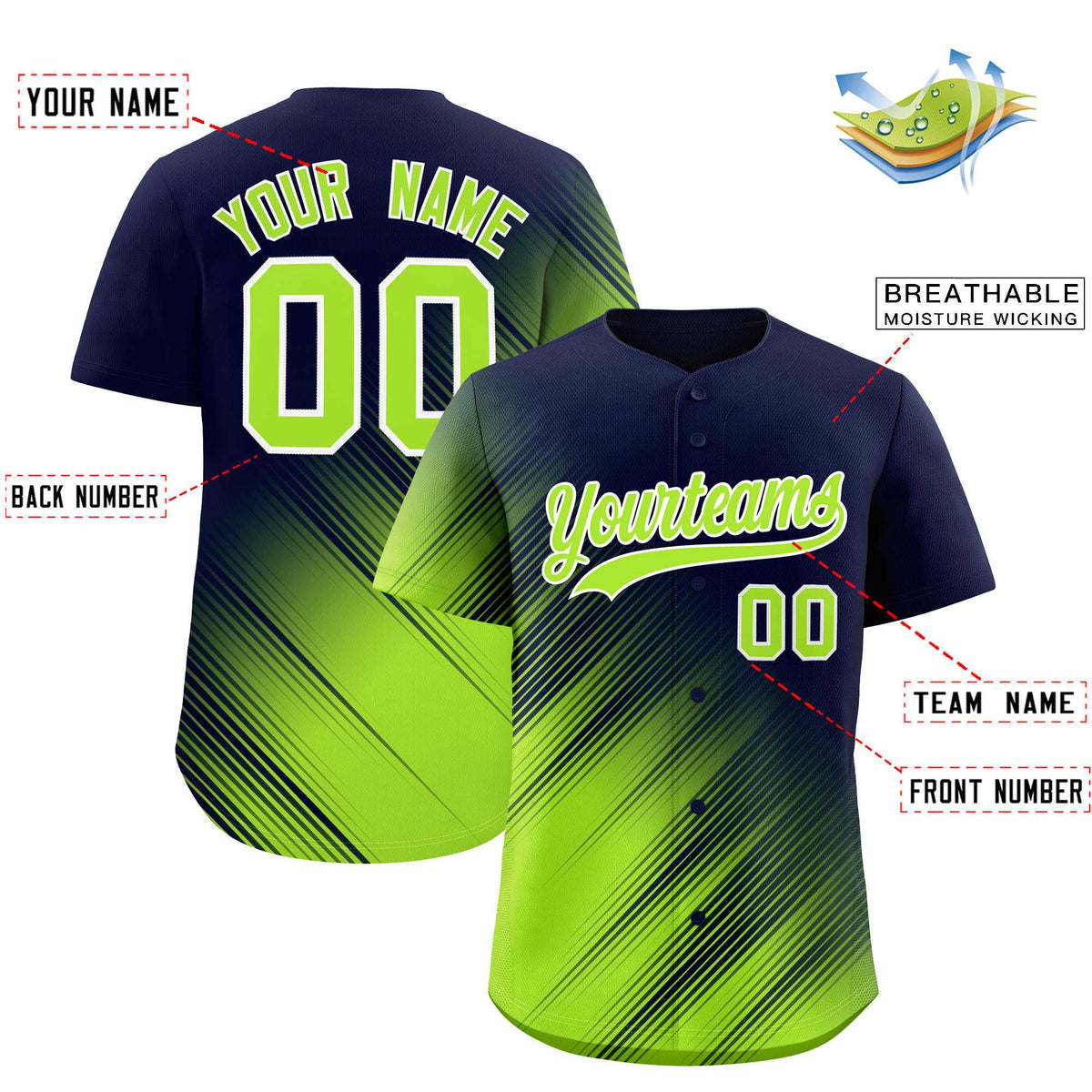 Custom Navy Neon Green Diagonal Stripe Personalized Gradient Fashion Baseball Jersey