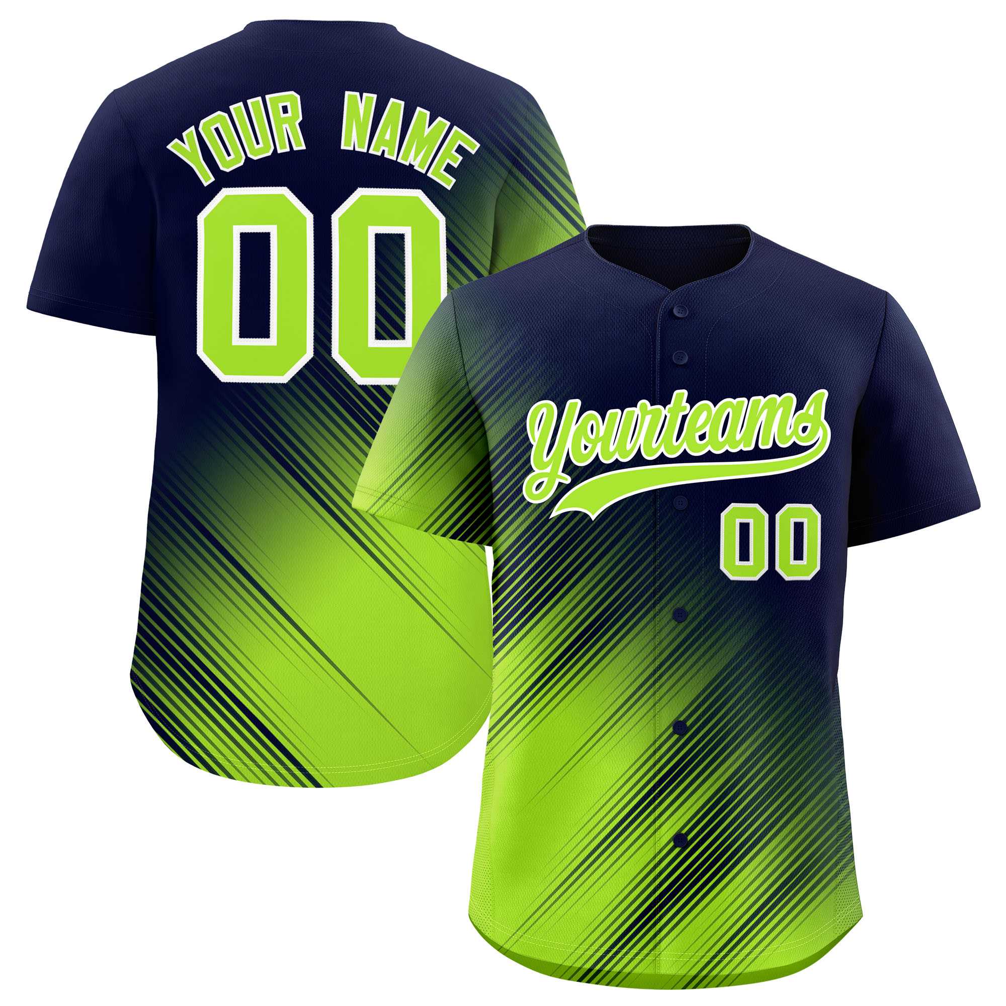 Custom Navy Neon Green Diagonal Stripe Personalized Gradient Fashion Baseball Jersey