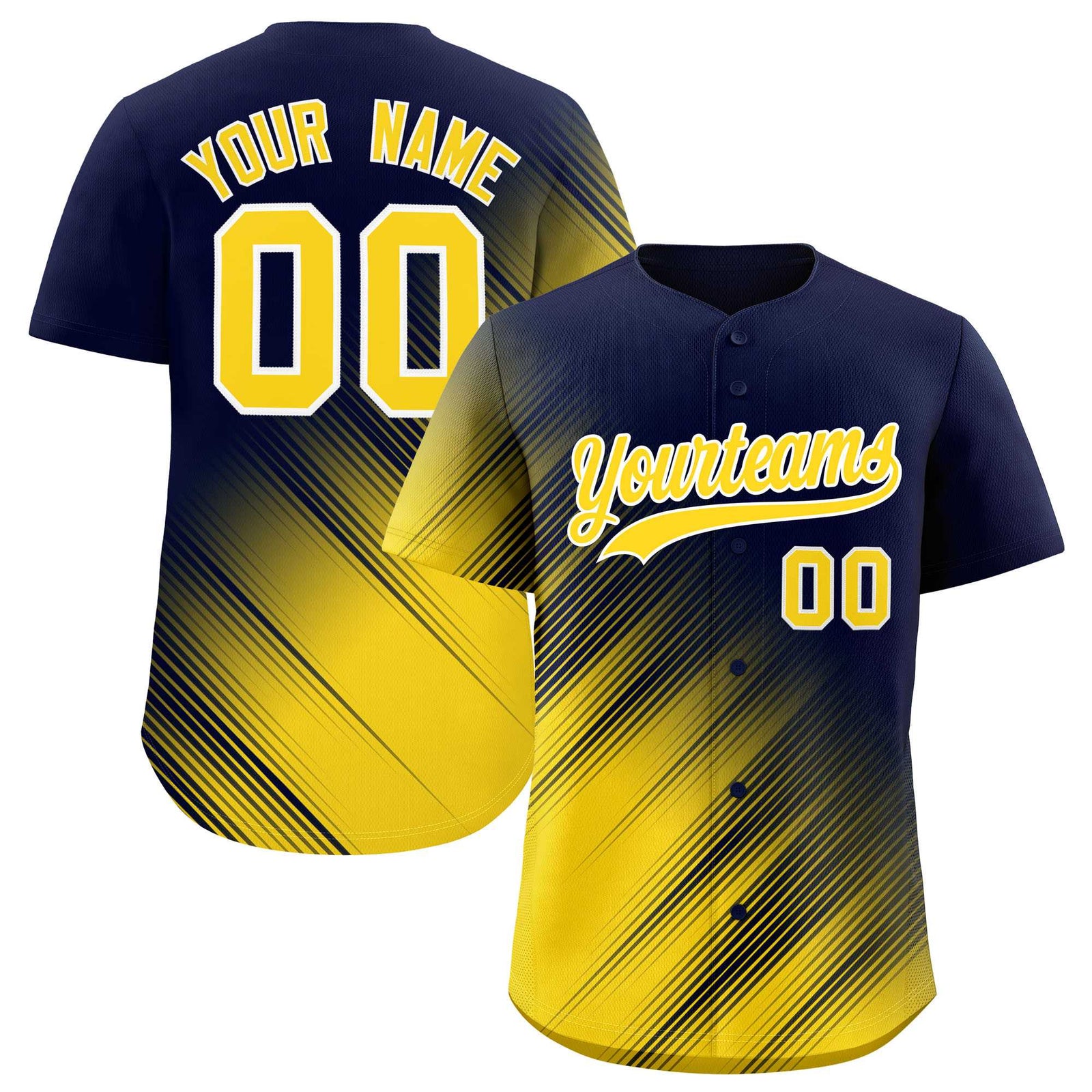 Custom Navy Gold Diagonal Stripe Personalized Gradient Fashion Baseball Jersey