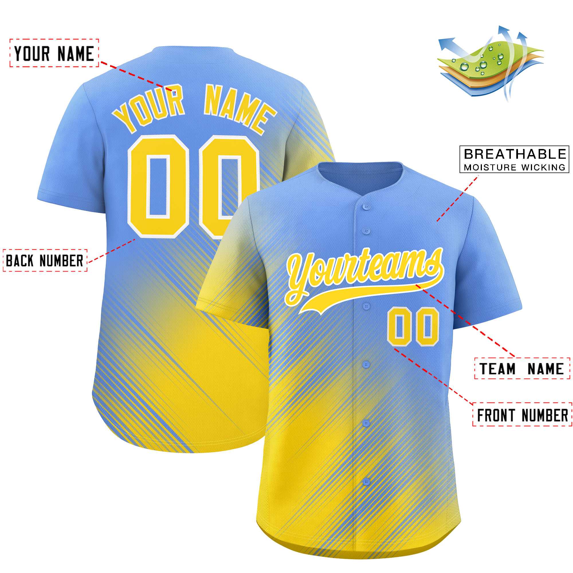 Custom Light Blue Gold Diagonal Stripe Personalized Gradient Fashion Baseball Jersey