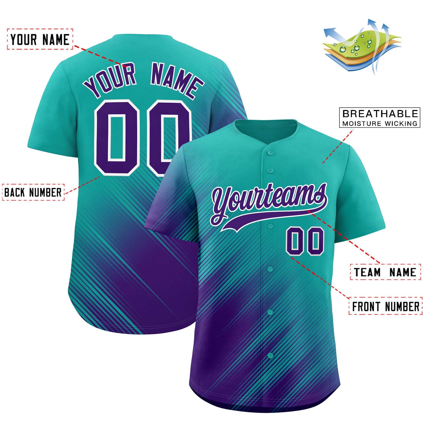 Custom Aqua Purple Diagonal Stripe Personalized Gradient Fashion Baseball Jersey