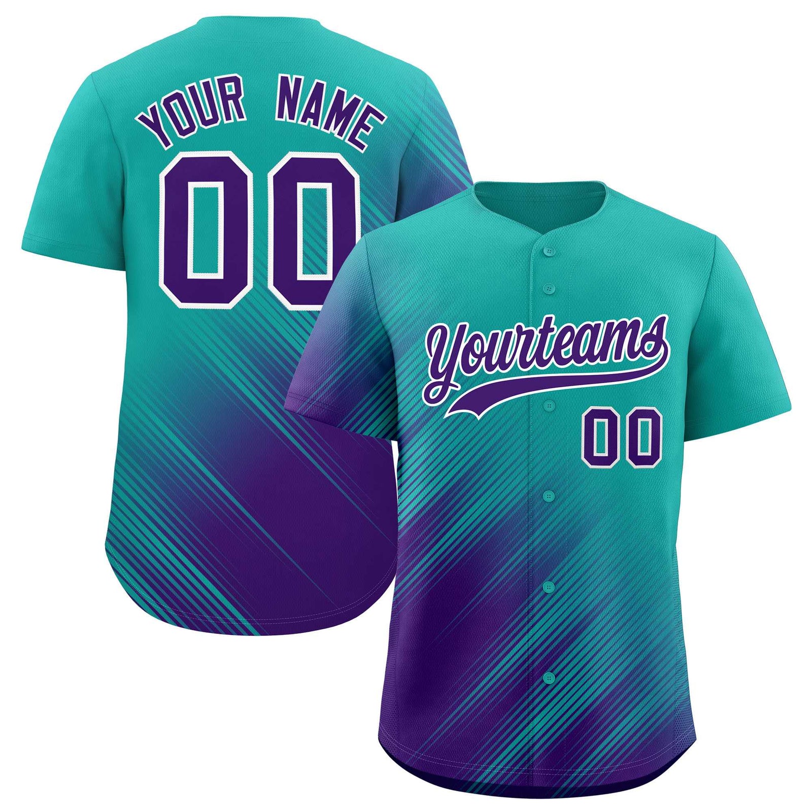 Custom Aqua Purple Diagonal Stripe Personalized Gradient Fashion Baseball Jersey