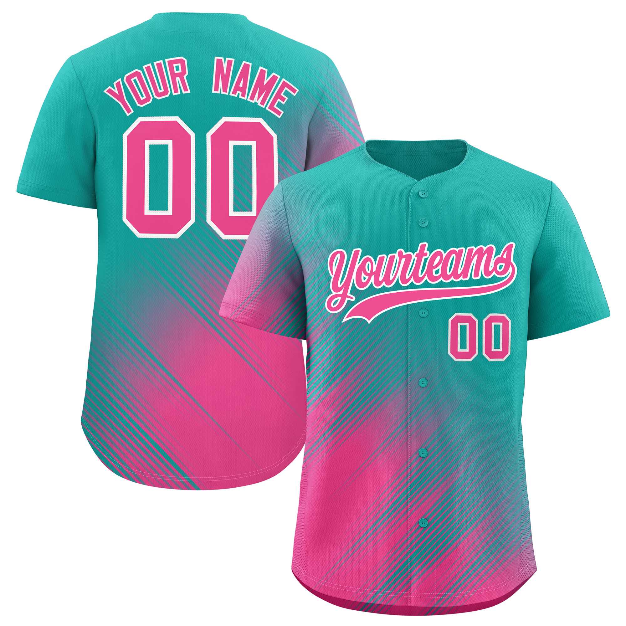 Custom Aqua Pink Diagonal Stripe Personalized Gradient Fashion Baseball Jersey