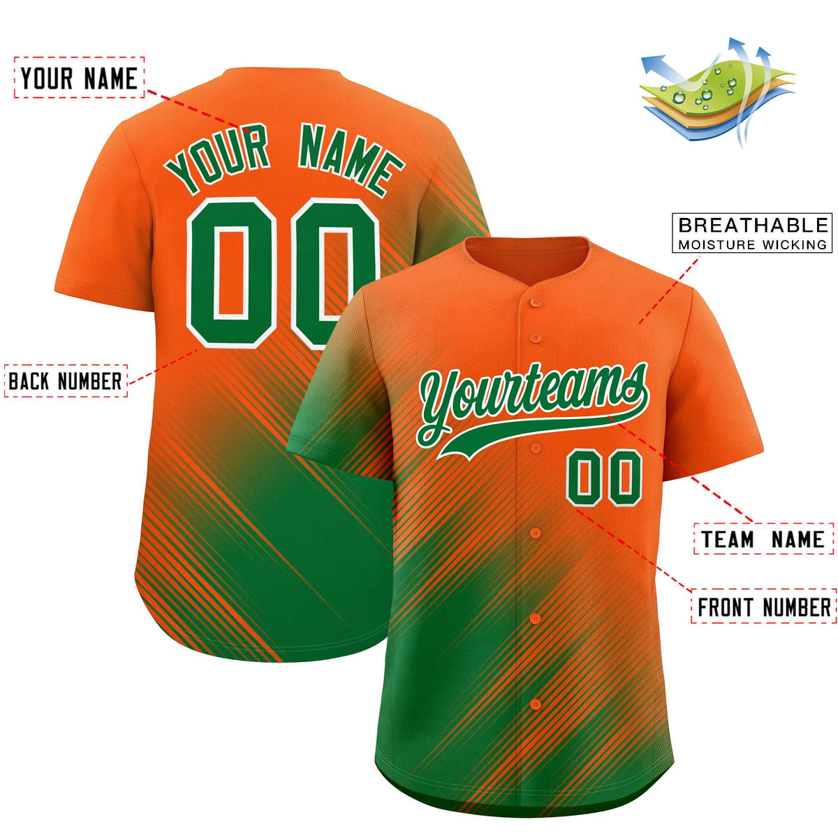 Custom Orange Kelly Green Diagonal Stripe Personalized Gradient Fashion Baseball Jersey