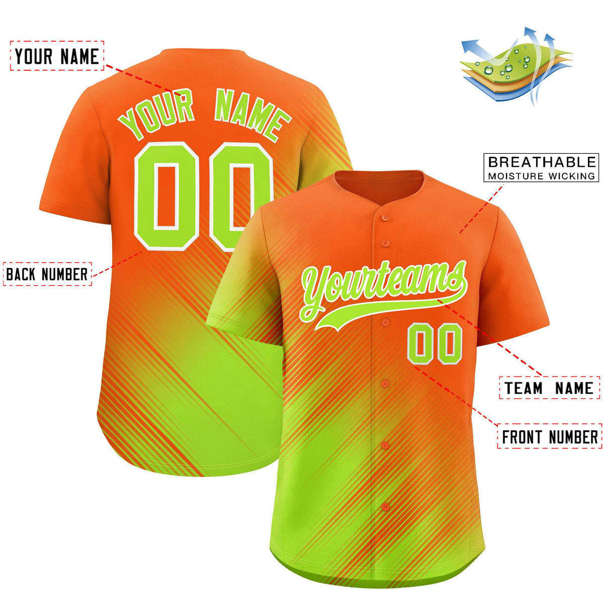 Custom Orange Neon Green Diagonal Stripe Personalized Gradient Fashion Baseball Jersey