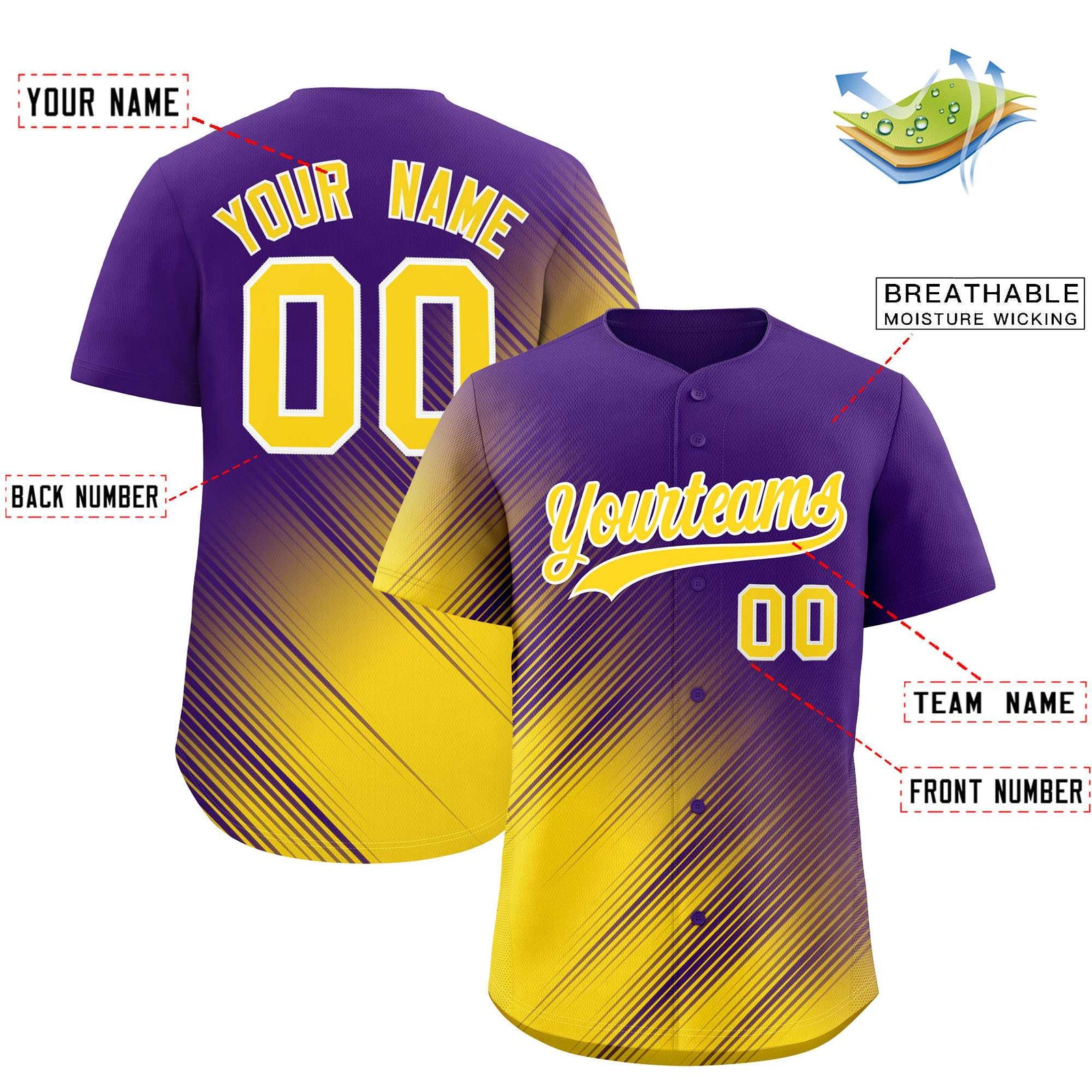 Custom Purple Gold Diagonal Stripe Personalized Gradient Fashion Baseball Jersey