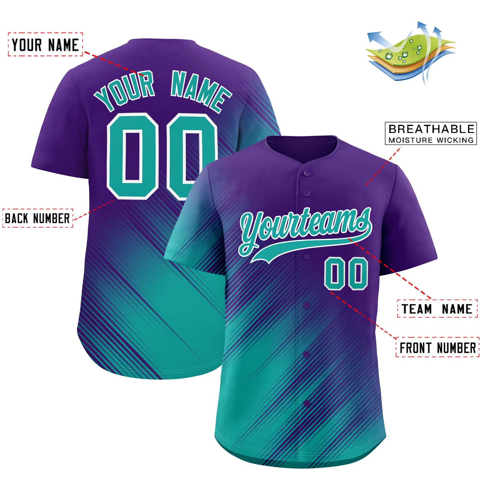 Custom Purple Aqua Diagonal Stripe Personalized Gradient Fashion Baseball Jersey