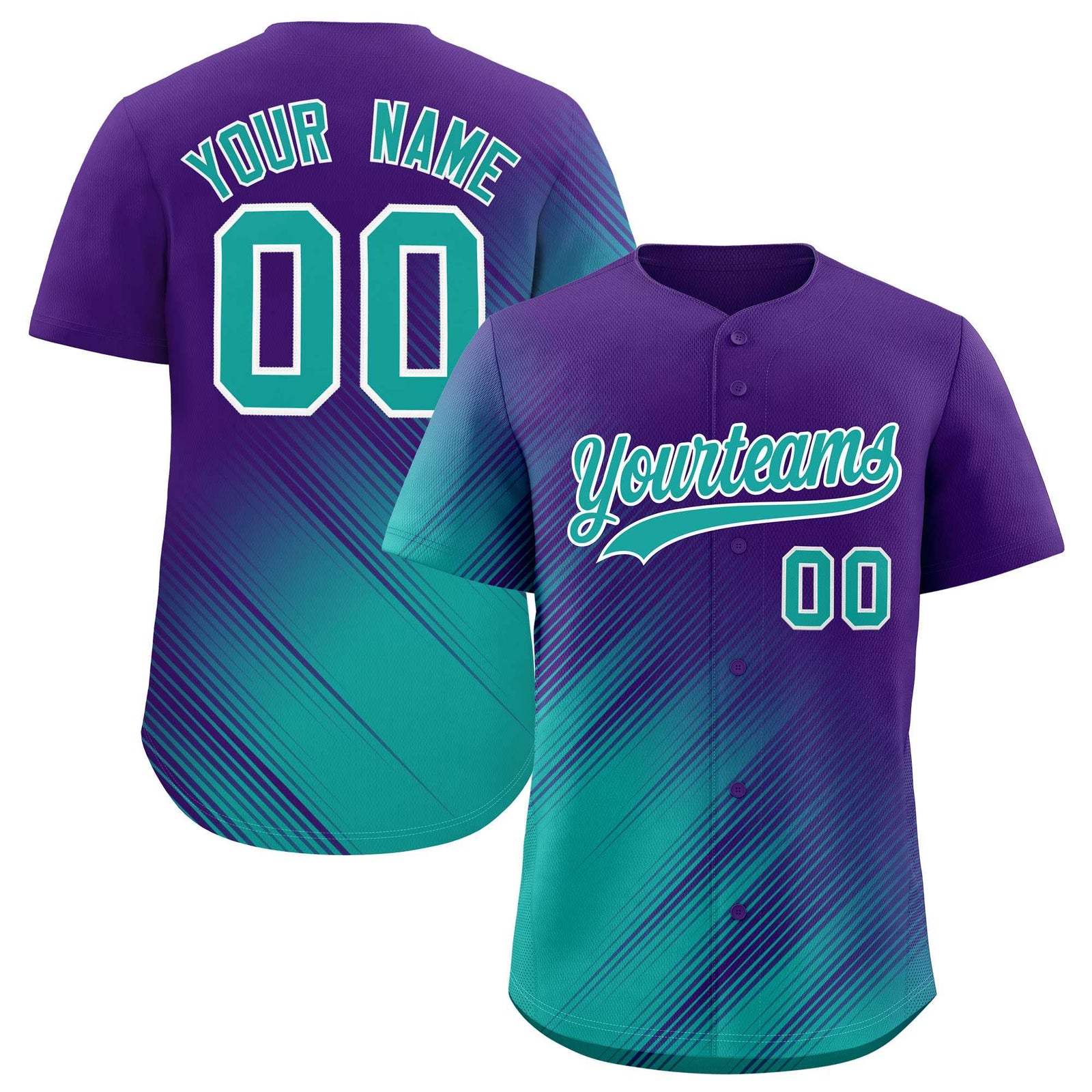 Custom Purple Aqua Diagonal Stripe Personalized Gradient Fashion Baseball Jersey